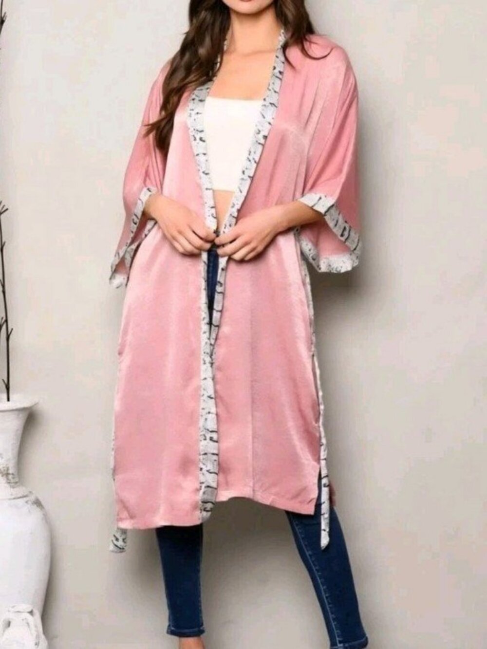 Entro Pink Kimono Silky Robe with Black and White Snakeskin Print Accents Sz L